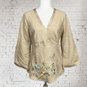 Carole Little Silk Blend Kimono Style Large Blouse Floral Embroidery VNeck BOHO